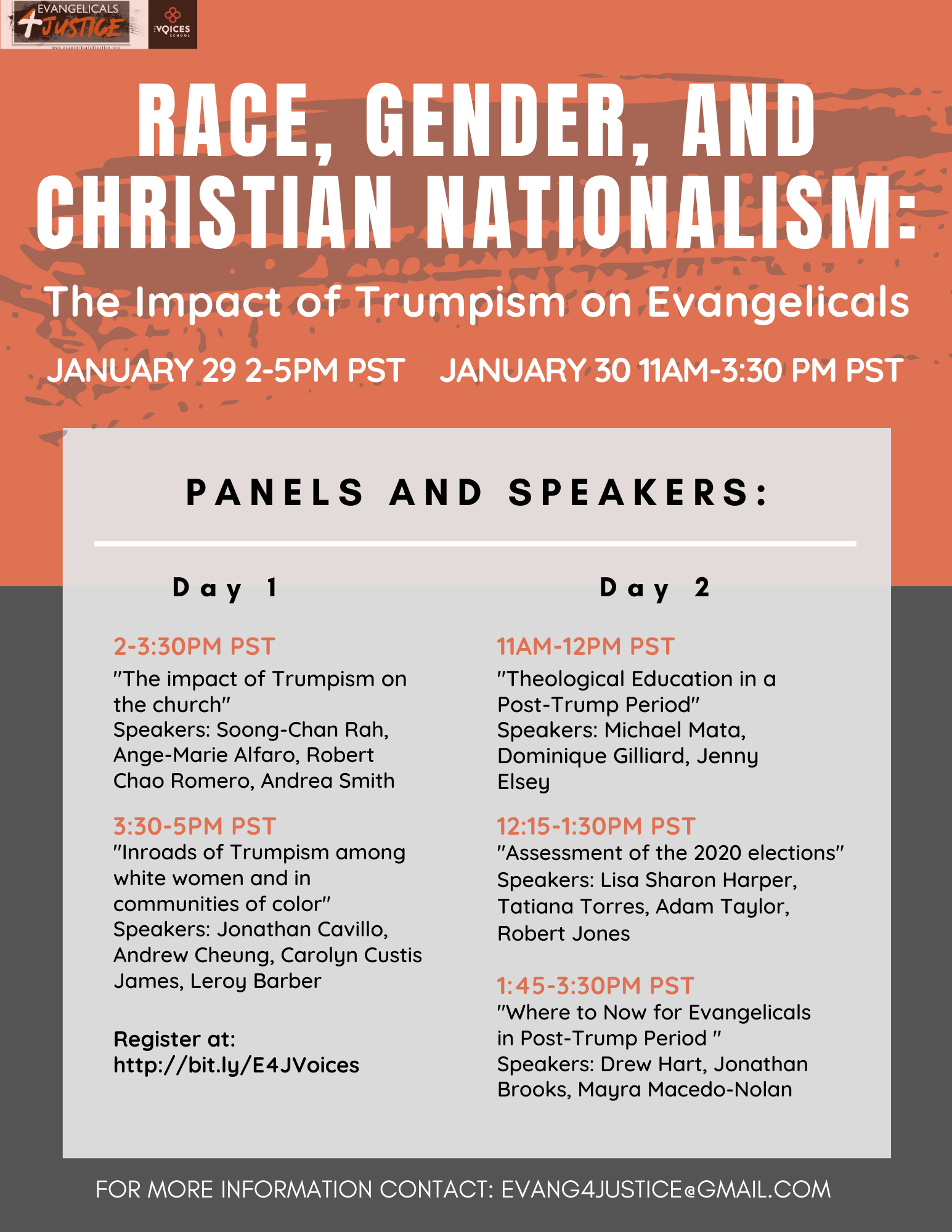 E4J/Voices School Joint Zoom Conference: Race, Gender and Christian Nationalism: The Impact of Trumpism on Evangelicals; Jan 29-30